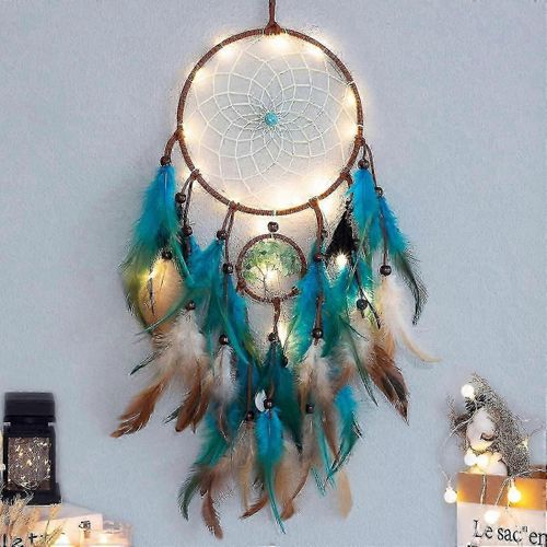 Arbre Bleu De Vie Dream Catcher Avec Plume, Indien Traditionnel Rond Maille Fait À La Main En Mouvement Led Guirlandes Lumineuses Pour Décorations Murales, Chambre D'enfant, Maison De