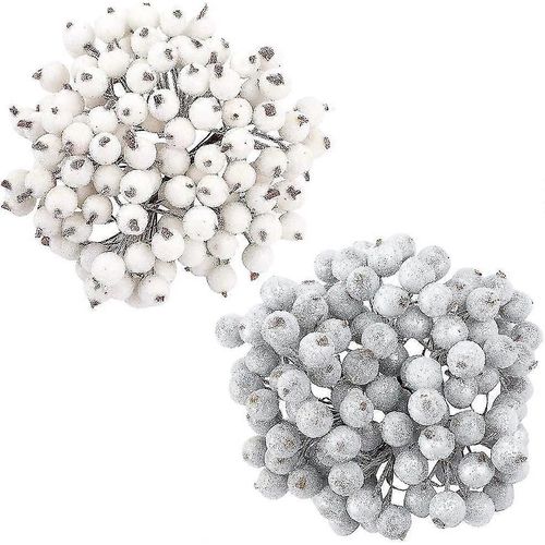 Pack De 240 Pièces Artificielles Givrées Baies De Houx, Blanc Et Argent Mini Glitter Noël Givré Fruits Berry Décoration