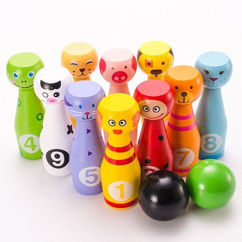 Jeu de quilles en bois avec 10 quilles animaux et 2 boules, jouet éducatif pour enfants de 2, 3, 4 et 5 ans et plus.