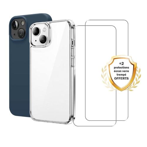 Lot De 2 Coques Iphone 14 Transparente Et Bleue Antichoc Silicone + 2 Vitres En Verre Trempé Protection Écran Evetane