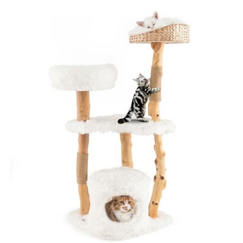 Costway Arbre À Chat En Bois 124 Cm Avec Perchoir Supérieur En Quenouilles Et Condo, Tour À Chat Avec Coussin Moelleux Confortable