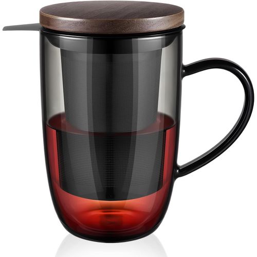 Yemaesre-440 Ml À Thé En Verre Noir Borosilicate, Avec Tamis Ultra Fin En Acier Inoxydable 18/10, Couvercle En Bambou Naturel, Plus Épais Pour Café, Jus, Lait, Yaourt