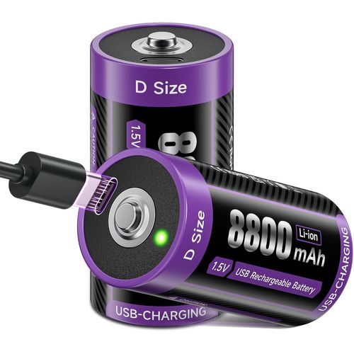 BAERTMY-Lot De 2 Piles Usb-C Mono D Au Lithium 1,5 V 8800 Mah Lr20 Rechargeables, Plus De 1500 Cycles Lsd/Faible Autodécharge, Charge De Type C, Lot De 2