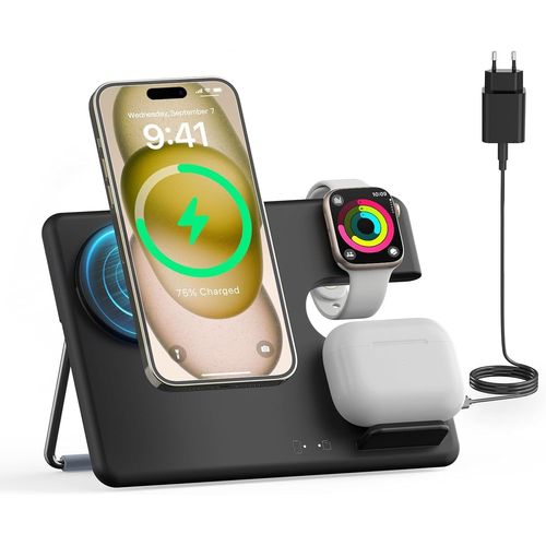 NAERYUT-Induction Charger For Magsafe,3 In 1 Charging Station For Iphone 15/14/13/12,Charging Stand For Apple Watch Ultra 2/9/8/7/6/Se/5/4/3/2,Wireless Charger For Airpods Pro 2/3/2-Black