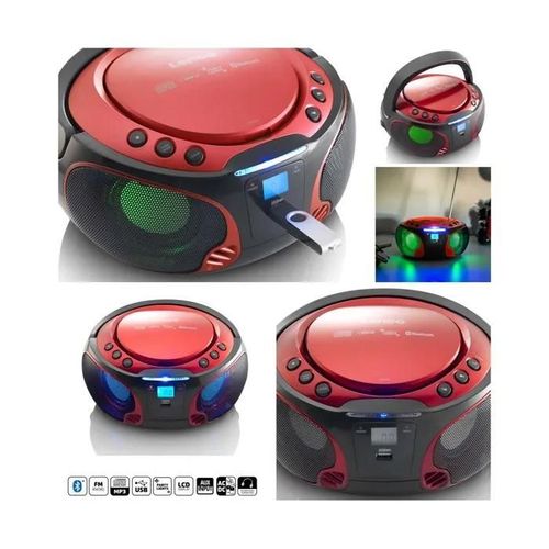 Radio FM Portable Lecteur CD/MP3/USB/Bluetooth avec éclairage LED Rouge