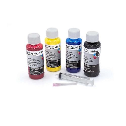 Encre de recharge vhbw 4x compatible avec l'imprimante Epson Stylus SX440W, SX445W, SX510, SX510w - Jeu de recharge Cyan, Magenta, Jaune, Noir, Pigmenté, 100ml