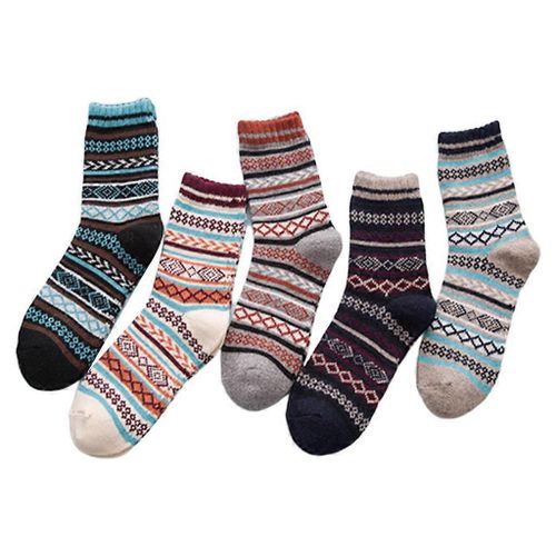 5 Ps Hommes Vintage Fausse Laine Chunky Tricotée Crew Chaussettes Color Block Rayures Géométriques Jacquard Hiver Épaissir Sport Chaud Mid Tube Bonneterie