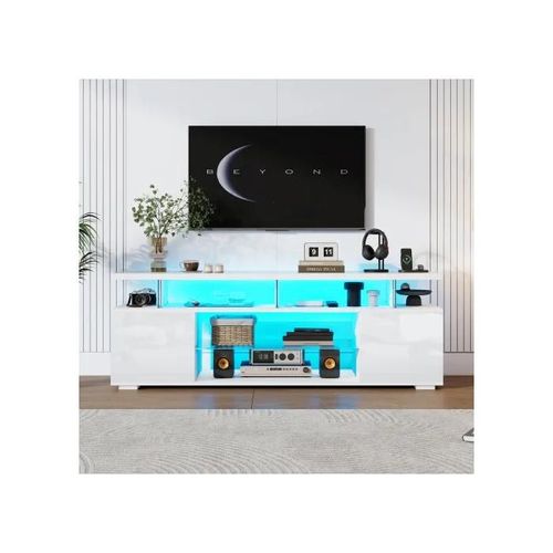 Meuble Tv Moderne À Panneau Bas Brillant Avec Éclairage Led, Panneau Tv, Meuble Tv En Verre Pour Tv 60 Pouces, Blanc Pur