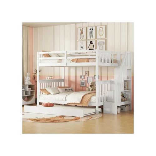 140*200cm Lit Superposé, Étagère D'escalier, Équipé D'un Lit À Roulettes Extensible, Garde-Corps Haut, Certifié En747-1,Blanc