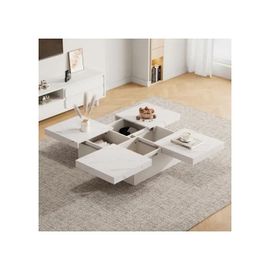 Table Basse Moderne Carrée Blanche Effet Marbre 90 X 90 X 25 Cm - 4 Tiroirs, Plateau Coulissant, Charge Max. 30 Kg