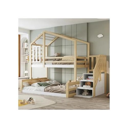 Lit Superposé, 90*200cm , Pin, Lit Avec Fenêtre, Barre De Maison, Rampe, Escalier À Marches Pour Le Rangement, Naturel