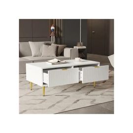 Table Basse Moderne Blanche Avec Décorations Dorées, 2 Tiroirs, 100*50*40 Cm
