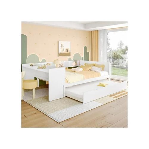 Lit Plat, Lit En Bois, 140x200cm, Avec Bureau, Lit À Roulettes, Lit Double (Sans Matelas) Blanc