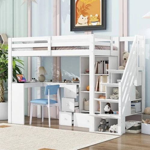 Lit Mezzanine, 90x200 Cm, Sans Matelas, Échelle Télescopique, Étagères Multiples, Certifié En 747, Blanc