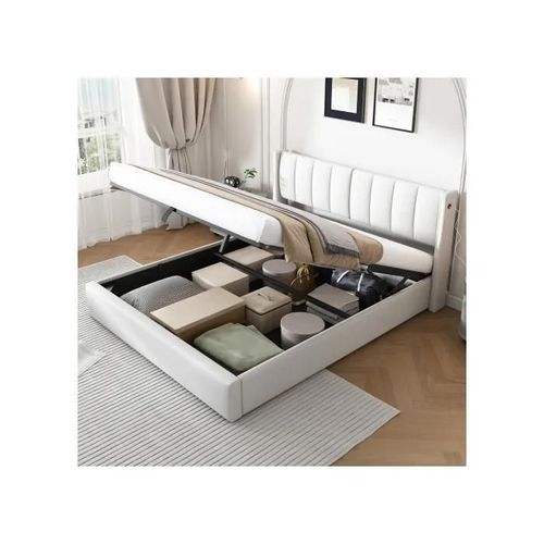 Lit Capitonné Binaural Led, 160 X 200 Cm, Tête De Lit Réglable, Roulettes En Pu, Blanc