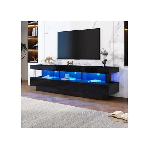 160*38*50.5 cm Support TV noir brillant avec 3 étagères en verre, éclairage LED