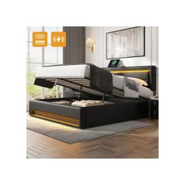 Lit Rembourré 140 X 190 Cm, Avec Port Usb, Sans Matelas, Design Litchi En Pu, Noir