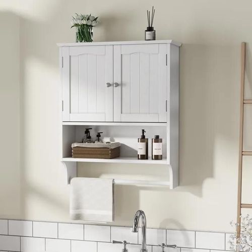 Armoire De Toilette Blanche Avec Porte-Serviettes Mural, Armoire De Toilette Médicale Avec 2 Étagères Réglables