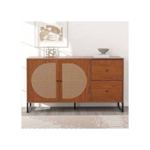 Buffet Avec 2 Portes En Rotin Et 2 Tiroirs Commode Armoires De Cuisine, Armoires Multifonctionnelles