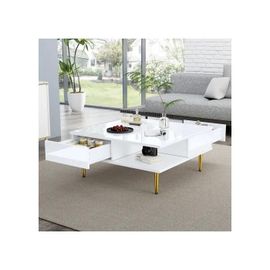 Table Basse Carrée Blanche Brillante Avec Deux Tiroirs, Deux Compartiments Ouverts Et Pieds Dorés - 70 X 70 X 36 Cm