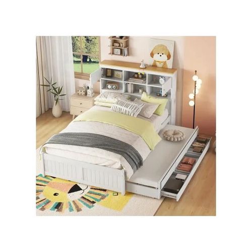 Lit Plat, 140*200 Cm, Avec Lit Extensible Sur Roulettes Et Trois Tiroirs, Blanc