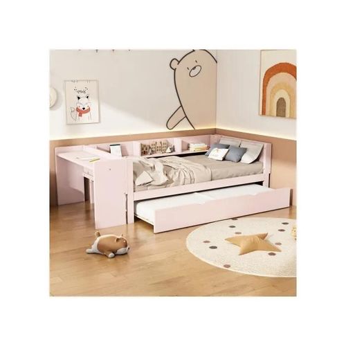 90*200cm, Lit Plat, Avec Lit Gigogne, Avec Bureau, Trois Étagères Sur Le Côté Du Lit, Rose