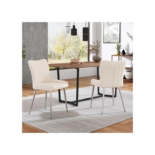 Chaise De Salle À Manger En Velours, Ensemble De 2, Avec Quatre Pieds En Métal Argenté, Support Lombaire, Beige