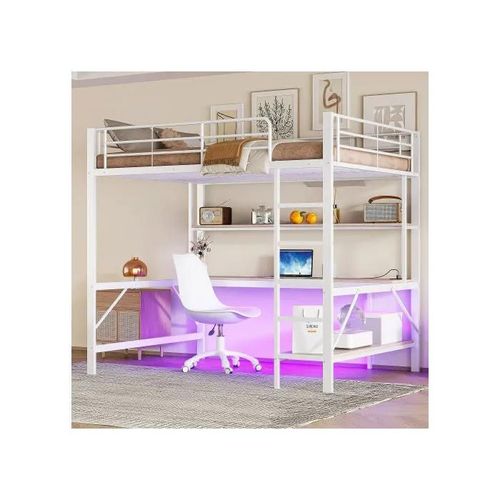 Lit Mezzanine, 140*200 Cm, Rampe, Repose-Pieds, Avec Prise Usb Et Prise Électrique, Blanc