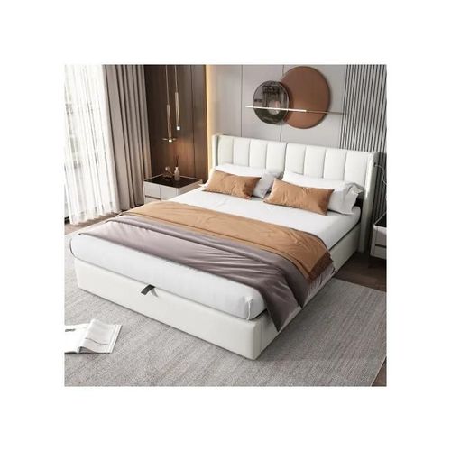 Lit Capitonné Binaural Led, 180 X 200 Cm, Tête De Lit Réglable, Roulettes En Pu, Blanc