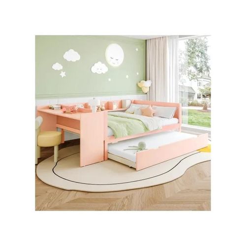 Lit Plat, Lit En Bois, 140x200cm, Avec Bureau, Lit À Roulettes, Lit Double (Sans Matelas) Rose