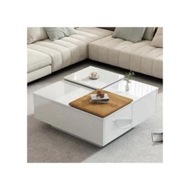 Table Basse Moderne Carrée En Bois Blanc Brillant, Plateau 75*75*33,5 Cm, Petit Plateau Coulissant, Charge Max. 30 Kg