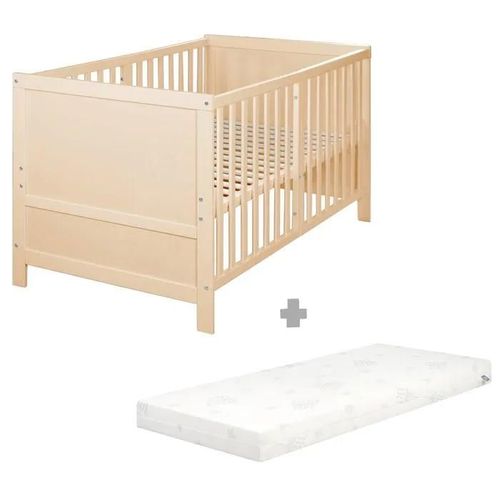 Lit Bébé Évolutif Roba Easy Sleep 70 X 140 Cm + Matelas Roulé + Kit De Transformation - Réglable En Hauteur - Bois Naturel