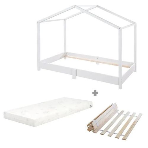 Lit Cabane Au Sol 70 X 140 Cm - Roba - Avec Matelas Roulé Et Sommier À Lattes - Blanc