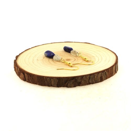 Boucles D'oreilles 2 Perles Lapis Lazuli + Quartz À Inclusions De Fabriqué En France.