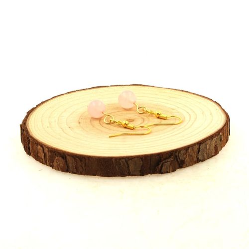 Boucles D'oreilles 1 Perle Quartz Rose 8 Mm En Acier Inoxydable Doré. Fabriqué En France.