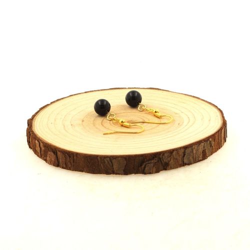 Boucles D'oreilles 1 Perle Agate Noire 8 Mm En Acier Inoxydable Doré. Fabriqué En France.