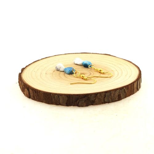 Boucles D'oreilles 2 Perles Apatite Bleu + Howlite En Acier Inoxydable Fabriqué En France.