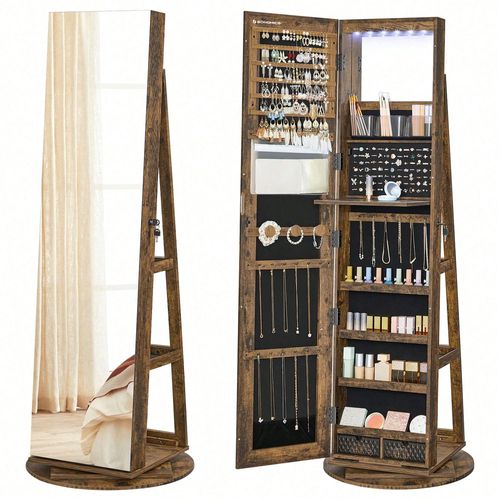 Armoire À Bijoux Avec Miroir Sur Pieds, Avec 6 Led, Pivotant 360°, Surface En Marron Rustique, Doublure En Noir