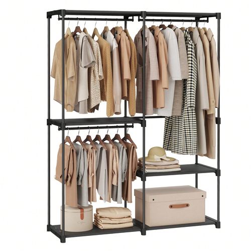 Armoire Chambre, Porte-Vêtements, Penderie, 43 X 138 X 182 Cm, 3 Compartiments De Suspension, Avec Étagères, Grande Capacité, Noir