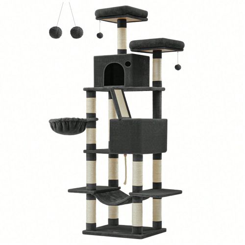 Arbre À Chat, Hauteur 206 Cm, Avec 13 Griffoirs, 2 Plate-Forme, 2 Niches, Panier, Hamac, Pompon, Tissu Peluche, Noir D'encre
