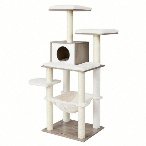 Arbre À Chat, Tour De Jeux De 138 Cm, Pour Chats Domestiques, Niche, Avec Griffoirs, Avec Hamac, Plate-Forme, Grège