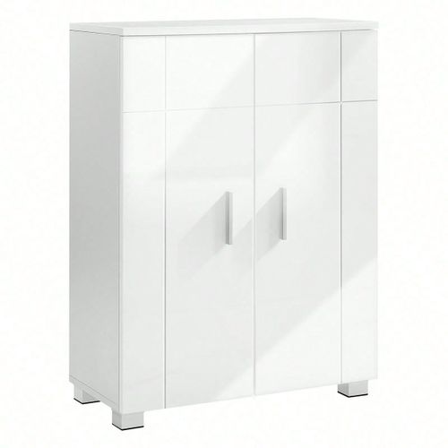 Armoire De Salle De Bain, Porte Et Dessus Brillants, Double Portes, 2 Étagères Réglables, 60 X 30 X 82 Cm, Blanc
