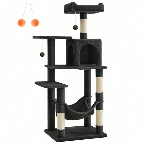 Arbre À Chat Hauteur 143 Cm, Tour De Jeux Pour Chats, Avec 4 Poteaux À Griffer, 2 Plateformes, 1 Niche, 1 Hamac, 2 Pompons, Noir D'encre