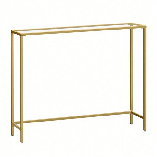 Table Console, Table D'entrée, Bout De Canapé, Dessus De Table En Verre Trempé, Montage Facile, Pieds Réglables, Doré Clair Et Transparent