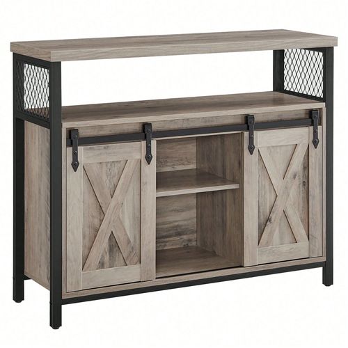 Buffet, Portes De Grange Voulissantes, Étagère Réglable, 100 X 33 X 80 Cm, Grège Et Noir