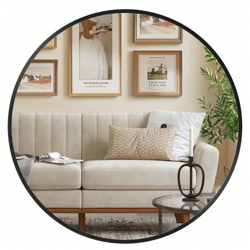 Miroir Rond, Miroir Mural, Diamètre 50 cm, Cadre en métal, Facile à installer, pour salle de bain, Salon, Chambre, Entrée, Couloir, Noir d'encre