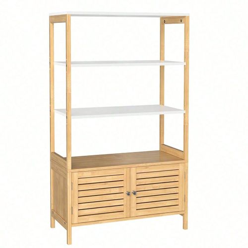 Meuble De Salle De Bain, Armoire De Rangement Haute, Avec 3 Étagères Et 1 Placard À 2 Portes, En Bambou, 70 X 30 X 120 Cm, Couleur Boisée Et Blanc