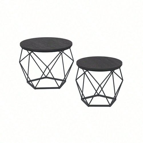 Table Basse Ronde, Lot De 2, Bout De Canapé, Style Moderne, Cadre En Acier, Pour Salon, Noir