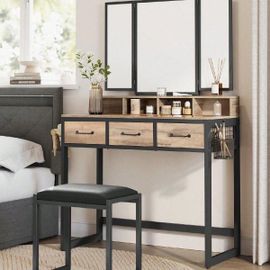 Coiffeuse, Avec Tabouret Rembourré, Avec Miroir Triple, 3 Tiroirs, 90 X 40 X 141 Cm, Porte-Sèche-Cheveux, Pot