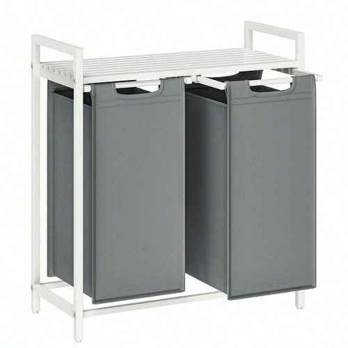 Panier à linge, Rangement 2 compartiments, 2 Sacs Amovibles en tissu Oxford, 2 x 46L, 73 x 33 x 72 cm, Blanc et Gris Clair